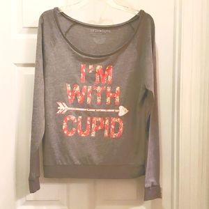 Fifth Sun "I'm with Cupid" Long Sleeve Athletic Heather Gray w/ Floral Design L